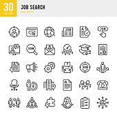 Job Search - thin line vector icon set. 30 linear icon. Pixel perfect. The set contains icons: Job Search, Teamwork, Office Chair, Resume, Handshake, Manager, Cooperation.