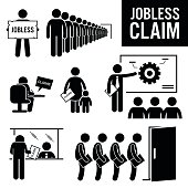Illustrations showing jobless claim by the people. These jobless people are queuing for jobless claim, writing a jobless claim, receiving training, submitting claims, and waiting for interview.