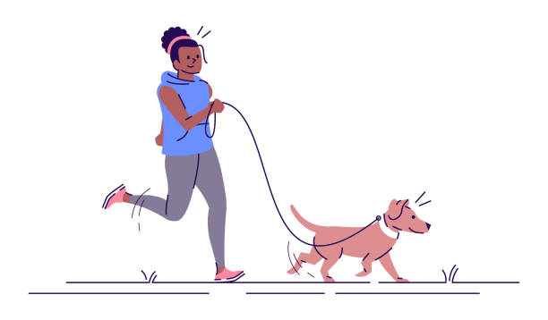 慢跑婦女與狗平向量插圖。健身,體育活動。有吸引力的非洲裔美國女孩運行與寵物孤立的卡通人物與輪廓元素在白色背景 - 競走賽 插圖 幅插畫檔、美工圖案、卡通及圖標