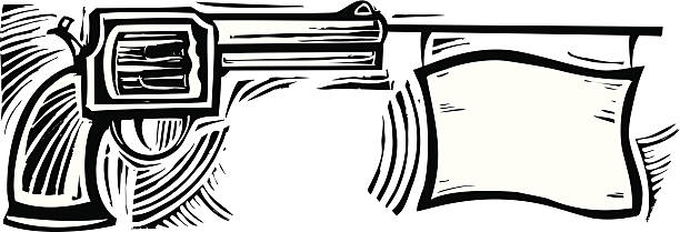 Joke Pistol Woodcut style image of a joke pistol with a flag. nra stock illustrations