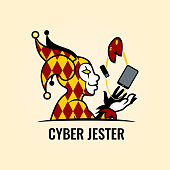 Joker Harlequin character in Jester's hat juggling with gadgets vector illustration