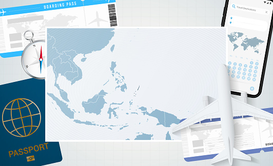 Journey to Palau, illustration with a map of Palau. Background with airplane, cell phone, passport, compass and tickets.
