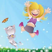 Vector, shape - based illustration of happy girl and her cat little cat enjoying the bright day