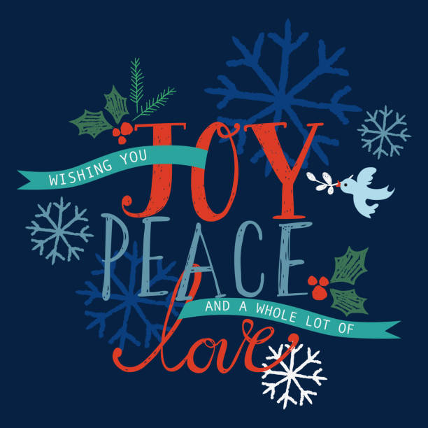 ilustrações, clipart, desenhos animados e ícones de joy, de paz e amor cartão de festas de fim de ano - alegria