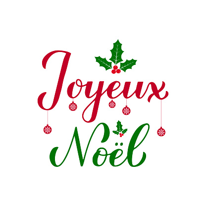 Joyeux Noel calligraphy hand lettering with holly berry mistletoe isolated on white. Merry Christmas typography poster in French. Vector template for greeting card, banner, flyer, sticker, etc.