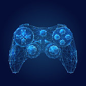 Abstract vector image of joystick for video games. Low poly wire frame illustration. Lines and dots. RGB Color mode. Computer games concept. Polygonal art.