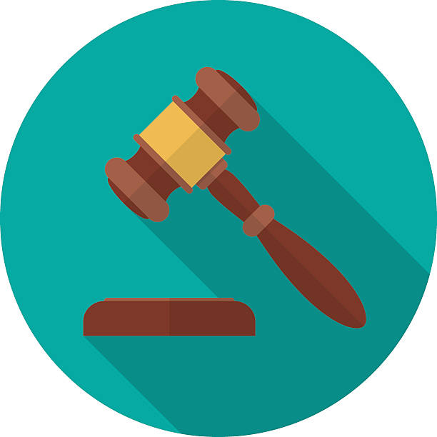 Judge gavel or auction hammer icon with long shadow. Judge gavel or auction hammer icon with long shadow. Flat design style. Modern round icon. Judge hammer silhouette. Simple circle icon. Web site page and mobile app design vector element. gavel stock illustrations