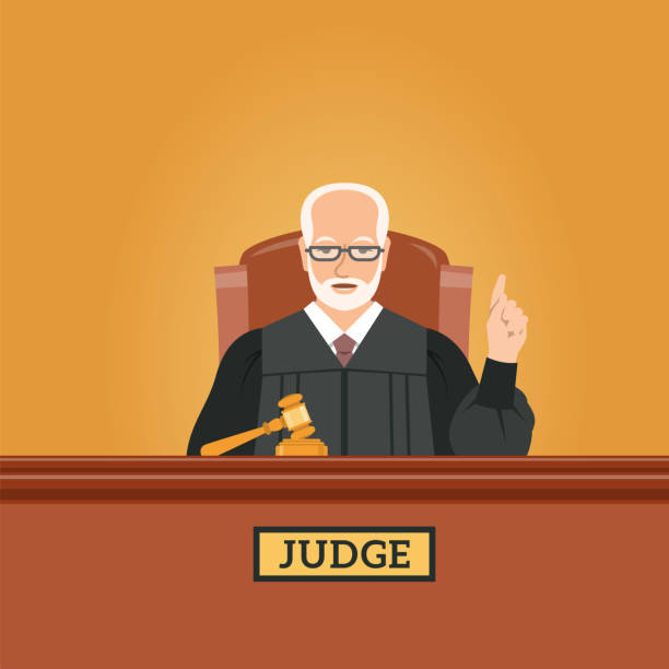 Judge mature man in courtroom adjudicates vector art illustration