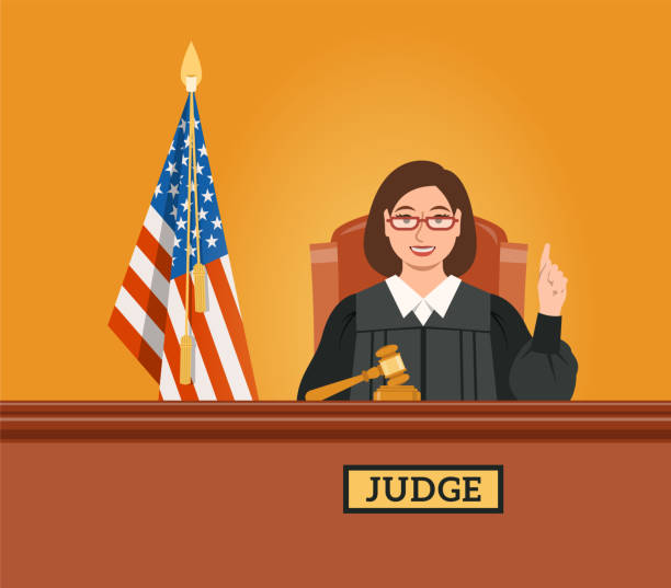 Judge woman in courtroom adjudicates Judge woman in courtroom at tribunal with gavel and American flag points finger up pronouncing judgment. Judicial cartoon background. Civil and criminal cases public trial. Flat vector concept supreme court building stock illustrations