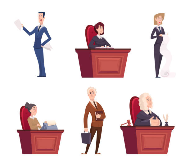 karakterleri yargılar. avukatlar ekibi adalet profesyonel işçileri mahkemeye yakın bornoz tam vektör karikatür kişiler izole - supreme court stock illustrations