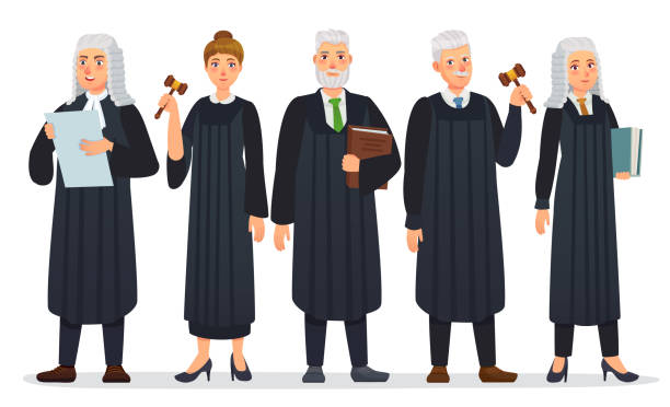 Judges team. Law judge in black robe costume, court people and justice workers vector cartoon illustration Judges team. Law judge in black robe costume, court people and justice workers vector cartoon illustration. Man and woman holding book and gavel or hummer, law occupation. Magistrate with mallet supreme court justices stock illustrations