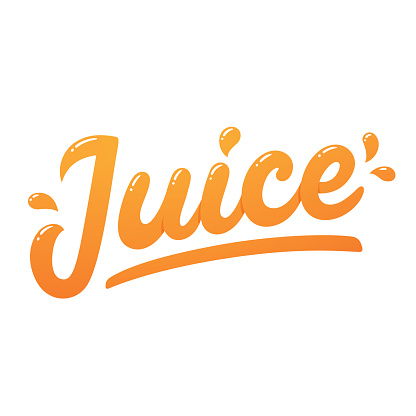 Orange juice, handwritten lettering with juicy drops. Isolated vector modern hand drawn text.