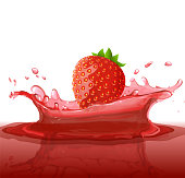 Juice splash with berry. Red strawberry fruits falling into the splash. Drink advertisement illustration. Vector template element.