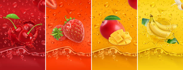 Juicy and fresh fruit. Cherry, strawberry, mango, banana. Dew drops and splash. 3d vector realistic set. High quality 50mb eps Juicy and fresh fruit. Cherry, strawberry, mango, banana. Dew drops and splash. 3d vector realistic set. High quality 50mb eps banana backgrounds stock illustrations
