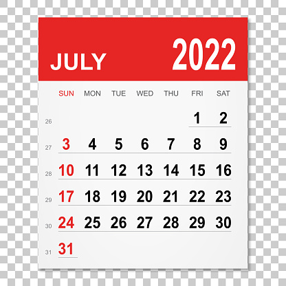 July 2022 calendar isolated on a blank background. Need another version, another month, another year... Check my portfolio. Vector Illustration (EPS10, well layered and grouped). Easy to edit, manipulate, resize or colorize. Vector and Jpeg file of different sizes.