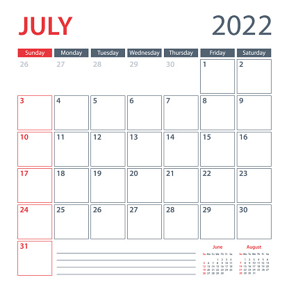 2022 July Calendar Planner Vector Template. Week starts on Sunday