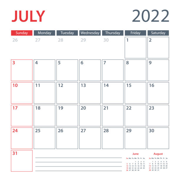 ilustraciones, imágenes clip art, dibujos animados e iconos de stock de plantilla vectorial del planificador del calendario de julio de 2022. la semana comienza el domingo - july