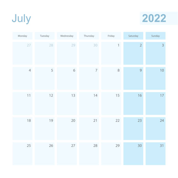 2022 july wall planner in blue pastel color, week starts on monday. - blue monday stock illustrations