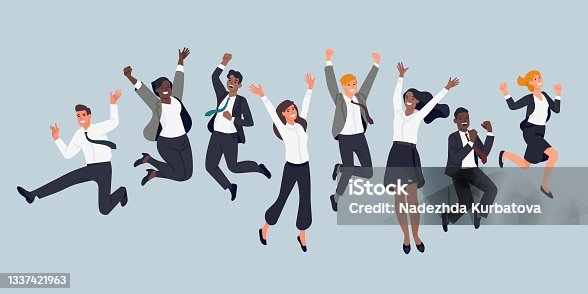 istock Jumping business people. Cheerful company employees, office managers, team event, men and women in formal suits having fun. Vector set 1337421963