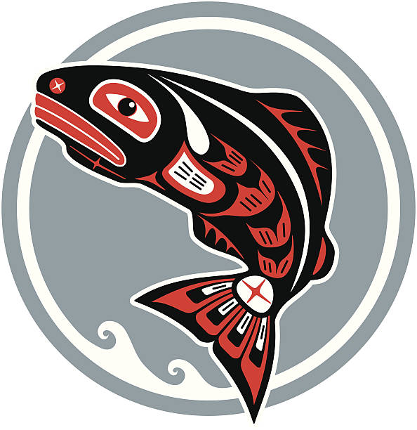 bildbanksillustrationer, clip art samt tecknat material och ikoner med jumping fish in american native style - alaska