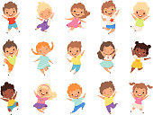 istock Jumping kids. Happy funny children playing and jumping in different action poses education little team vector characters 1163909377