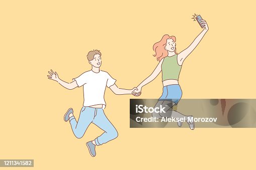 istock Jumping people, selfie, couple, leisure concept 1211341582