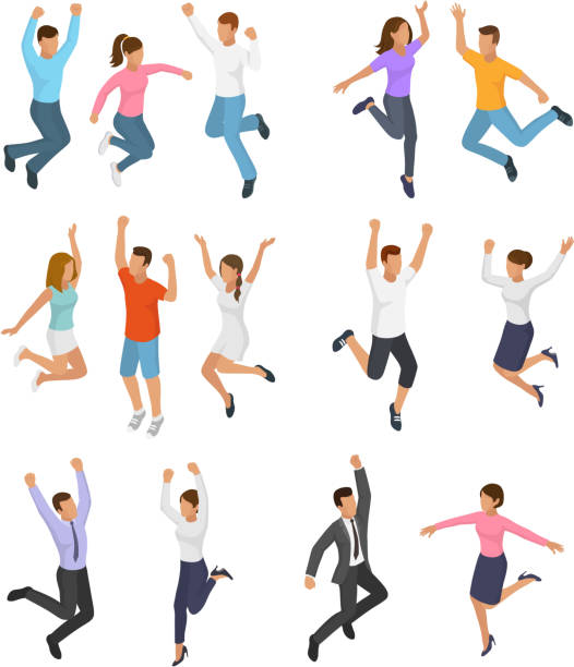 Jumping people vector happy woman or man character in activity o Jumping people vector happy woman or man character in activity of happiness and freedom illustration set of energy adults smiling men and women jump isolated on white background. cheerful illustrations stock illustrations