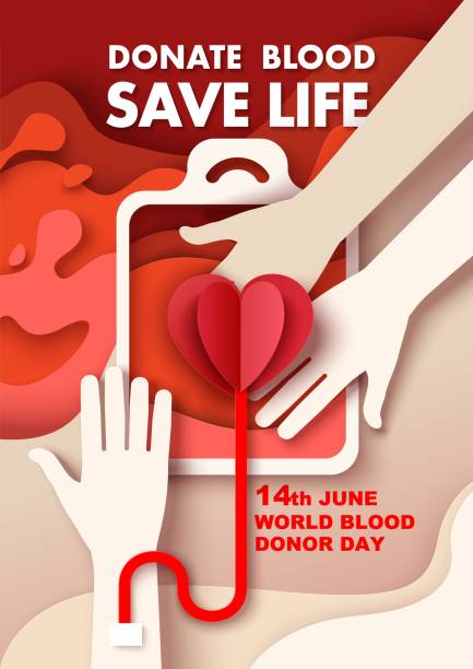 June 14, World Blood Donor Day vector poster template. Paper cut donor hand giving blood saving life and receiving heart vector art illustration