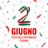 Vector greeting card with realistic number two folded from the paper in colors of the Italian flag, falling confetti, and text isolated on white background. Translation: "June 2. Italian Republic Day.".