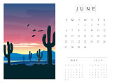 Vector illustration of a modern calendar design for the month of June. Shows previous month and next month at bottom. Includes beautiful scenic landscape. Fully editable and printable. Includes high resolution jpg and vector eps in download. Print ready. Royalty free.