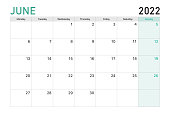istock 2022 June illustration vector desk calendar weeks start on Monday in light green and white theme 1345741760