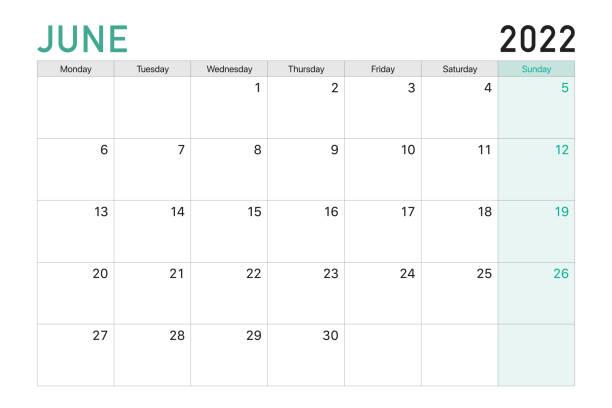2022 June illustration vector desk calendar weeks start on Monday in light green and white theme vector art illustration