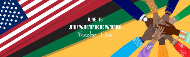 Juneteenth banner Juneteenth, June 19, 1865 - Freedom Day in the United States of America. Dark-skinned hands together at American, Pan-African flags background. Remember our ancestors, slavery abolition. Vector banner juneteenth 1865 stock illustrations