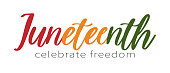 istock Juneteenth, celebrate freedom text lettering logo. Typography logo design for greeting card, poster, banner. Vector illustration isolated on white background. 1396074733