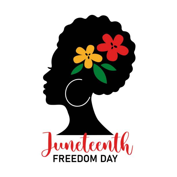 Juneteenth Freedom Day quote with afro woman and colorful flowers isolated on white background. Juneteenth Freedom Day quote with afro woman and colorful flowers isolated on white background. Vector flat illustration. Design for banner, poster, greeting card, flyer juneteenth 1865 stock illustrations
