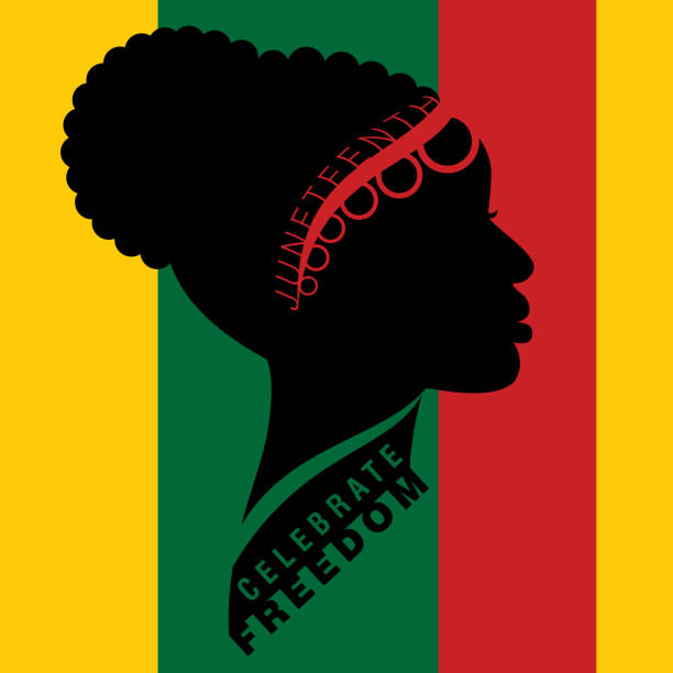 Juneteenth or Afro-American Freedom day Afro-american woman in traditional cornrow up-do bun hairstyle with lettering on Freedom juneteenth stock illustrations
