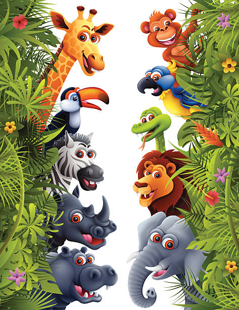 Jungle Animals High Resolution JPG,CS6 AI and Illustrator EPS 10 included. Each element is named,grouped and layered separately. Very easy to edit. safari animals stock illustrations