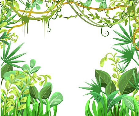 Jungle frame. Green tropical trees, herbs and shrubs. Flat cartoon style. Green exotic landscape. In the middle there is a place for a passage. Isolated on white background. Vector.