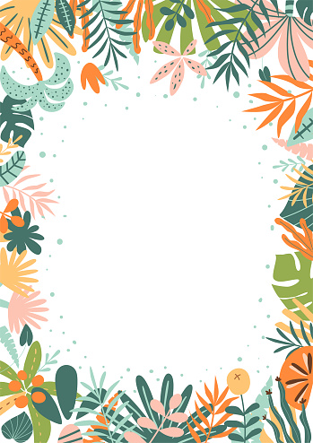 Jungle frame. Tropical leaves, palm leaves, frame nature background. Bright rainforest card. Cute jungle birthday invitation. Safari frame. Vector illustration. Summer foliage of tropical plants trees