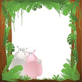 Fully editable vector illustration of a jungle surround and Hippos background with a white centre ready for you to input text or design of your choice.