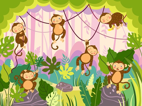 Jungle monkey. Funny ape hanging on lianas, wild monkeys in various poses on tropical tree and nature background vector illustration
