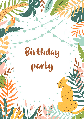 Jungle party invitation. Tropical birthday party invite. Jungle leaves frame. Wild party template with leopard, jaguar, toucan. Palm leaves frame. Cute bright vector illustration.