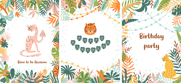 Jungle party set. Wild party invitation template. Wild birthday cards collection. Tropical birthday party invite. Jungle leaves border frame. Leopard, tiger, jaguar. Bright summer vector illustration.