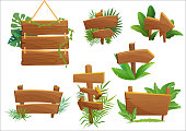 Jungle rainforest wood sign with tropical leaves with space for text. Cartoon game vector illustration