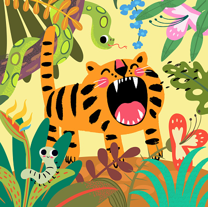 Jungle Tropical Background with Cute Roaring Tiger Cub. Illustration of a jungle landscape background, with ornaments made with leaves and flowers of tropical plants and trees.