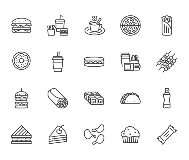 ilustraciones, imágenes clip art, dibujos animados e iconos de stock de conjunto de iconos línea plana comida chatarra. hamburguesa, bocadillos rápidos, sandwich, papas fritas, perro caliente, burrito mexicano, ilustraciones de vectores de pizza. signos delgadas para el menú del restaurante. pixel perfecto 64 x 64. movimien - sandwich