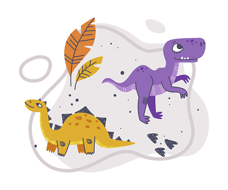 Jurassic Park Composition with Funny Dinosaurs as Cute Prehistoric Creature and Comic Predator Vector Illustration