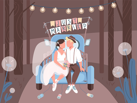 Just married couple in car flat color vector illustration