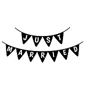 istock Just married flags sign. Hanging banner wedding day black and white icon. Vector illustration. 1350253434