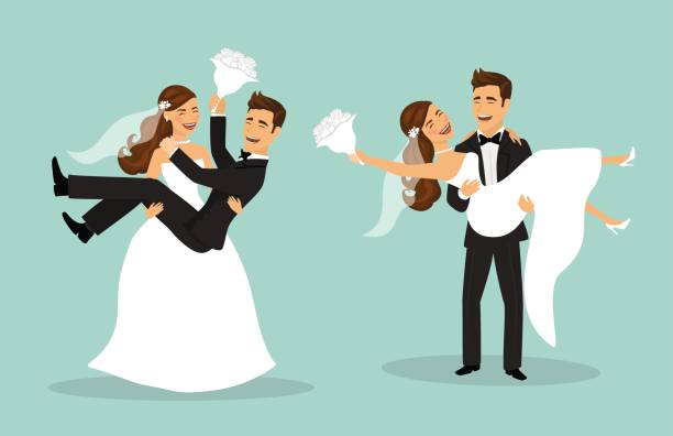 Just married funny couple, bride and groom carry each other after wedding ceremony Just married funny couple, bride and groom carry each other after wedding ceremony bride stock illustrations